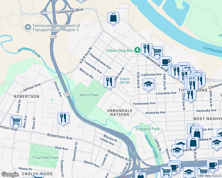 map of restaurants, bars, coffee shops, grocery stores, and more near 5908C Morrow Road in Nashville
