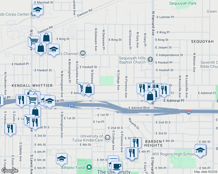 map of restaurants, bars, coffee shops, grocery stores, and more near 2841 East Admiral Court in Tulsa