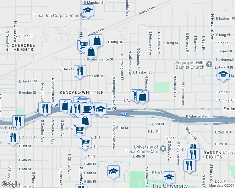 map of restaurants, bars, coffee shops, grocery stores, and more near 61 North Birmingham Avenue in Tulsa