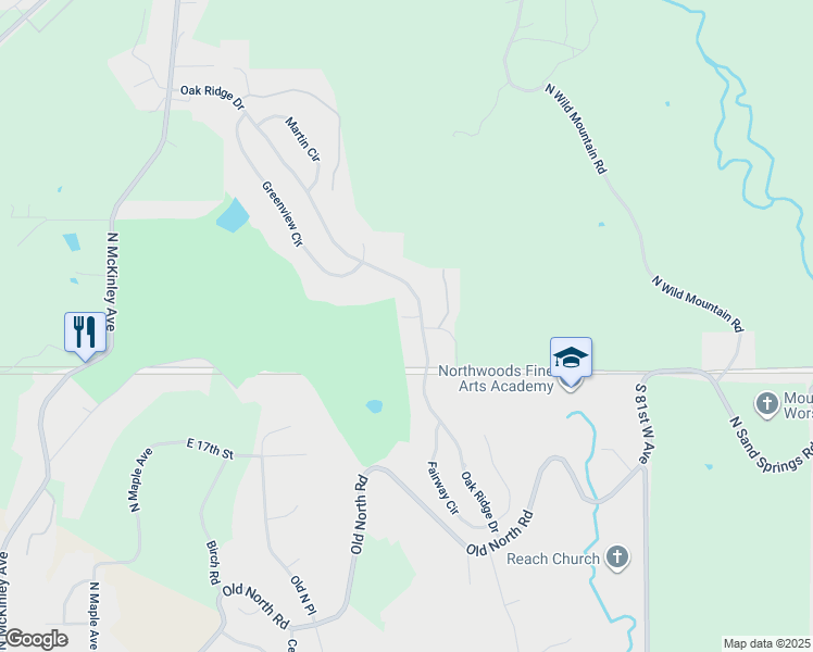 map of restaurants, bars, coffee shops, grocery stores, and more near 602 Oak Ridge Drive in Sand Springs