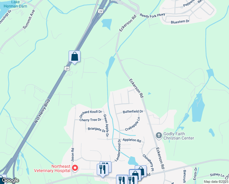 map of restaurants, bars, coffee shops, grocery stores, and more near 5914 Landerwood Drive in Greensboro