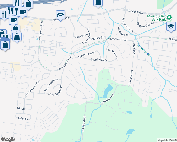 map of restaurants, bars, coffee shops, grocery stores, and more near 604 Truver Drive in Mt. Juliet