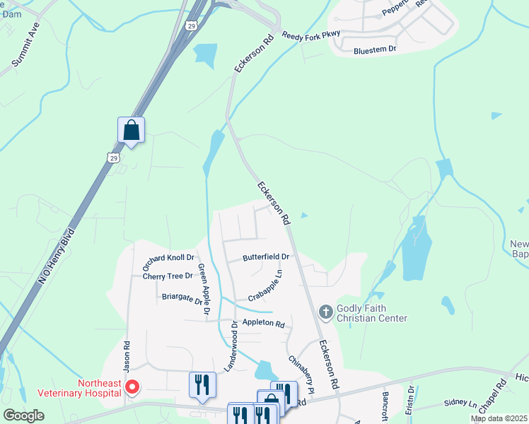 map of restaurants, bars, coffee shops, grocery stores, and more near 7 White Oak Court in Greensboro