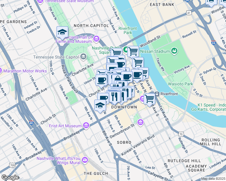 map of restaurants, bars, coffee shops, grocery stores, and more near 145 Rep. John Lewis Way North in Nashville