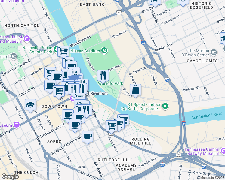 map of restaurants, bars, coffee shops, grocery stores, and more near 592 South 1st Street in Nashville