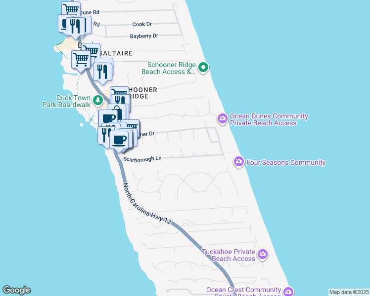 map of restaurants, bars, coffee shops, grocery stores, and more near 142 Scarborough Lane in Kitty Hawk