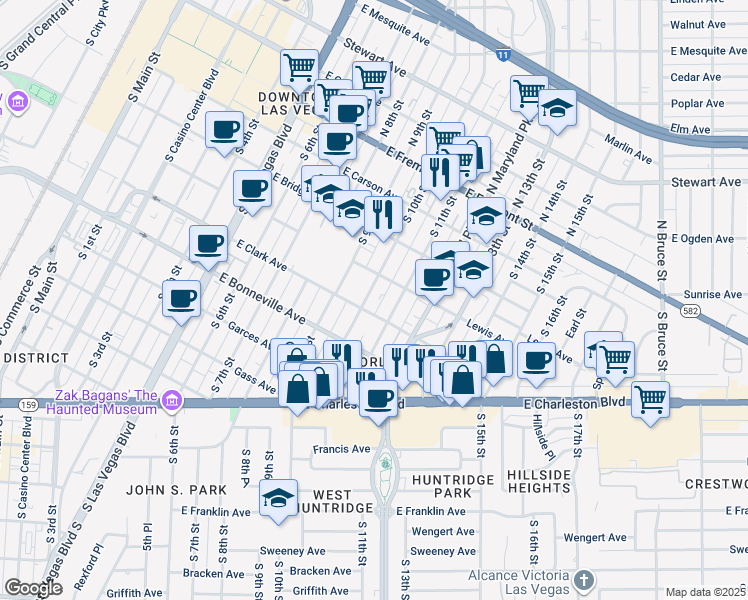 map of restaurants, bars, coffee shops, grocery stores, and more near 421 South 10th Street in Las Vegas