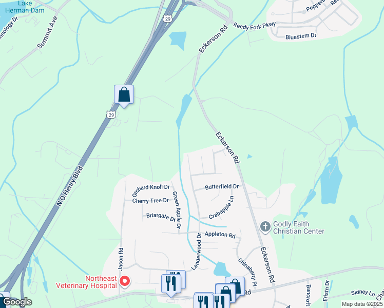 map of restaurants, bars, coffee shops, grocery stores, and more near 5914 Landerwood Drive in Greensboro