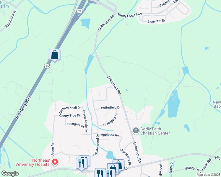 map of restaurants, bars, coffee shops, grocery stores, and more near 7 White Oak Court in Greensboro