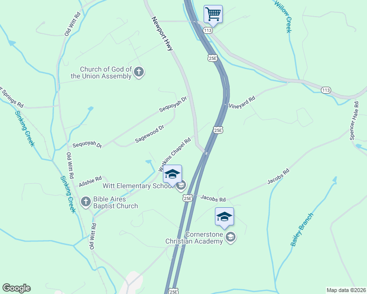 map of restaurants, bars, coffee shops, grocery stores, and more near 155 Watkins Chapel Road in Morristown