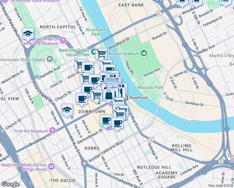 map of restaurants, bars, coffee shops, grocery stores, and more near 120 2nd Avenue North in Nashville