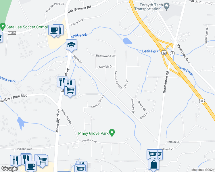 map of restaurants, bars, coffee shops, grocery stores, and more near 5041 North Cherry Street in Winston-Salem