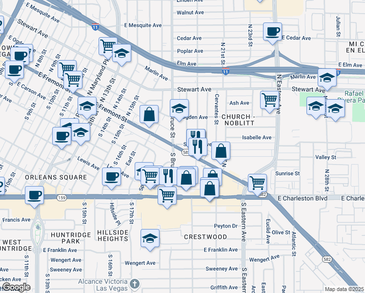 map of restaurants, bars, coffee shops, grocery stores, and more near 1919 Nevada 582 in Las Vegas