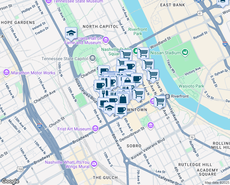 map of restaurants, bars, coffee shops, grocery stores, and more near 555 Church Street in Nashville