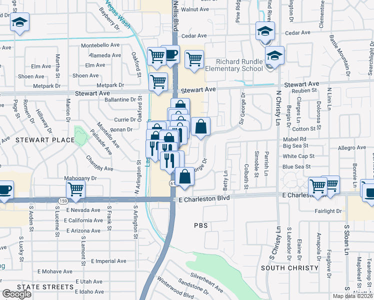 map of restaurants, bars, coffee shops, grocery stores, and more near 136 Bel Port Drive in Las Vegas
