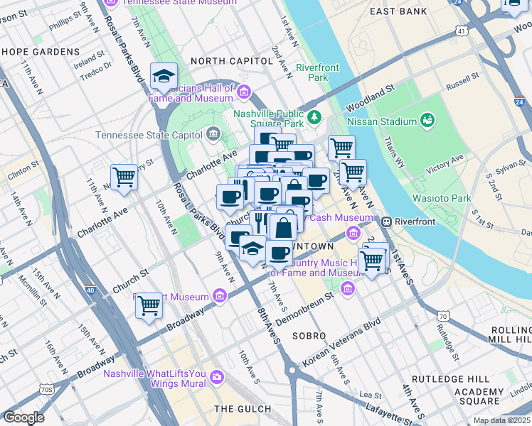 map of restaurants, bars, coffee shops, grocery stores, and more near 535 Church Street in Nashville