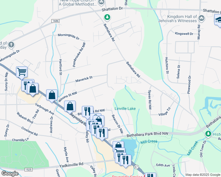 map of restaurants, bars, coffee shops, grocery stores, and more near 2670 Bluebird Lane in Winston-Salem
