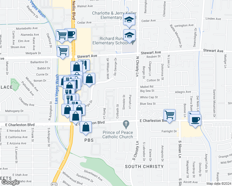 map of restaurants, bars, coffee shops, grocery stores, and more near 129 Colbath Street in Las Vegas