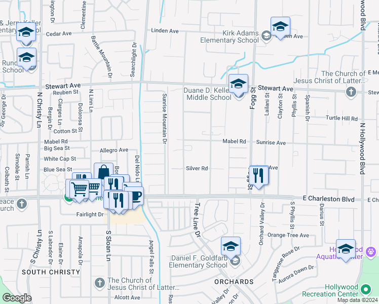 map of restaurants, bars, coffee shops, grocery stores, and more near 2 Madge Lane in Las Vegas