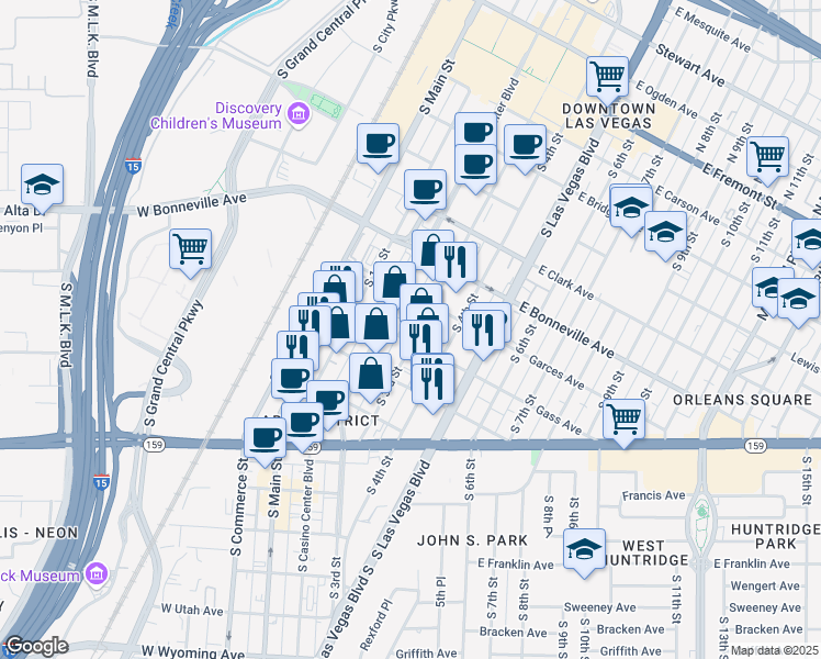 map of restaurants, bars, coffee shops, grocery stores, and more near 722 South 3rd Street in Las Vegas