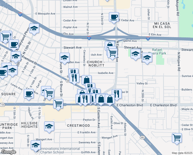 map of restaurants, bars, coffee shops, grocery stores, and more near 2201 Sunrise Avenue in Las Vegas