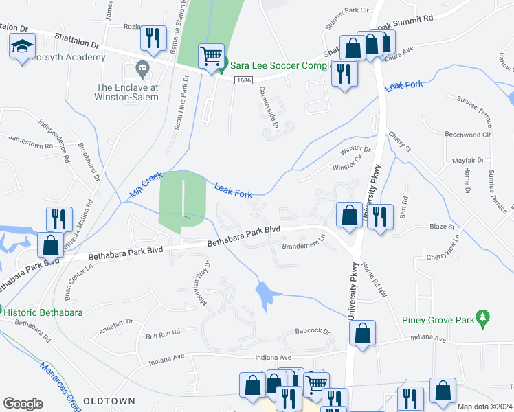 map of restaurants, bars, coffee shops, grocery stores, and more near 6103 Old Wagon Road in Winston-Salem