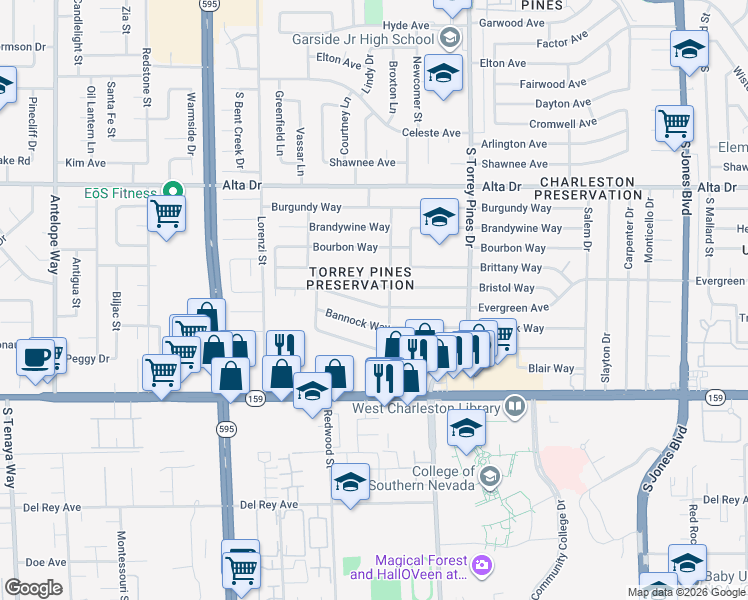 map of restaurants, bars, coffee shops, grocery stores, and more near 6513 Evergreen Avenue in Las Vegas