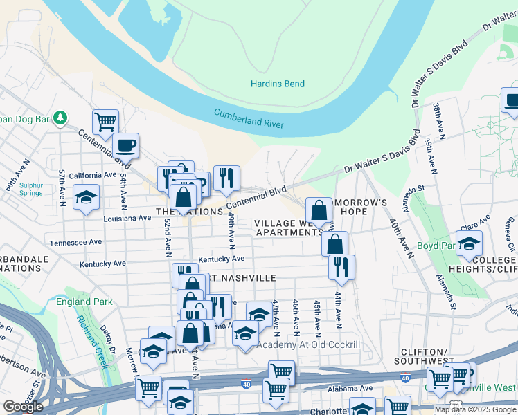 map of restaurants, bars, coffee shops, grocery stores, and more near 4731 Centennial Boulevard in Nashville