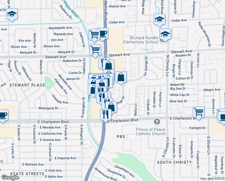 map of restaurants, bars, coffee shops, grocery stores, and more near 136 Bel Port Drive in Las Vegas