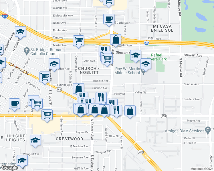 map of restaurants, bars, coffee shops, grocery stores, and more near 2507 Valley Street in Las Vegas