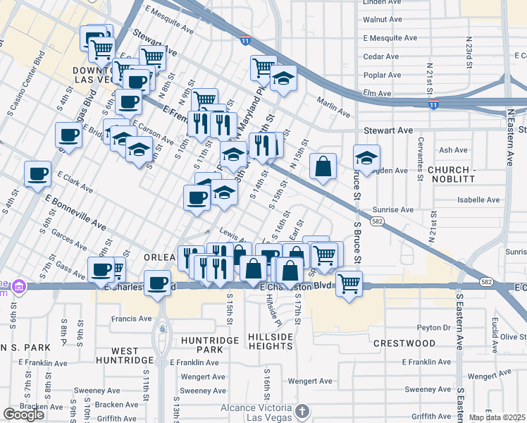 map of restaurants, bars, coffee shops, grocery stores, and more near 1420 East Bridger Avenue in Las Vegas