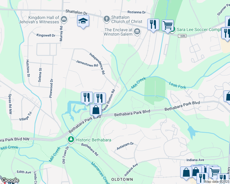 map of restaurants, bars, coffee shops, grocery stores, and more near 3907 Bethania Station Road in Winston-Salem