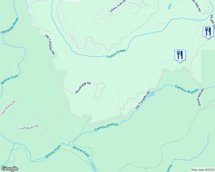 map of restaurants, bars, coffee shops, grocery stores, and more near 121 Woodvalley Lane in Boone