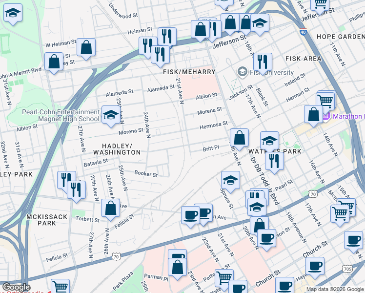 map of restaurants, bars, coffee shops, grocery stores, and more near 2119 Herman Street in Nashville