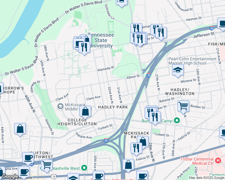 map of restaurants, bars, coffee shops, grocery stores, and more near 925 32nd Avenue North in Nashville