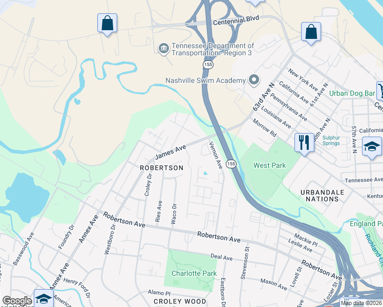 map of restaurants, bars, coffee shops, grocery stores, and more near 6201 Laredo Avenue in Nashville