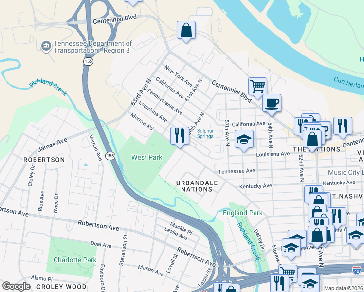 map of restaurants, bars, coffee shops, grocery stores, and more near 5908C Morrow Road in Nashville