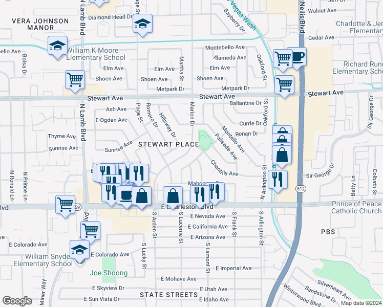 map of restaurants, bars, coffee shops, grocery stores, and more near 136 Marion Drive in Las Vegas