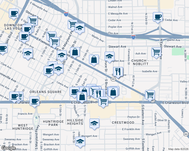 map of restaurants, bars, coffee shops, grocery stores, and more near 1725 Carson Avenue in Las Vegas