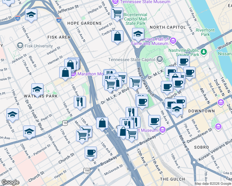 map of restaurants, bars, coffee shops, grocery stores, and more near 1024 Doctor Martin Luther King Junior Boulevard in Nashville
