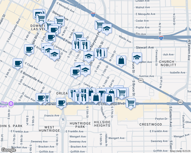 map of restaurants, bars, coffee shops, grocery stores, and more near 1405 East Bridger Avenue in Las Vegas