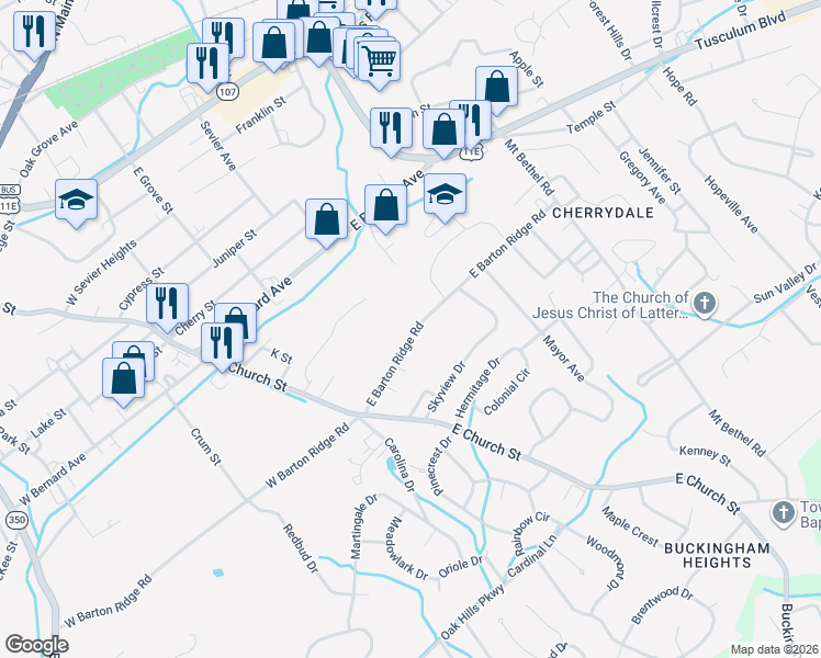 map of restaurants, bars, coffee shops, grocery stores, and more near 615 East Barton Ridge Road in Greeneville