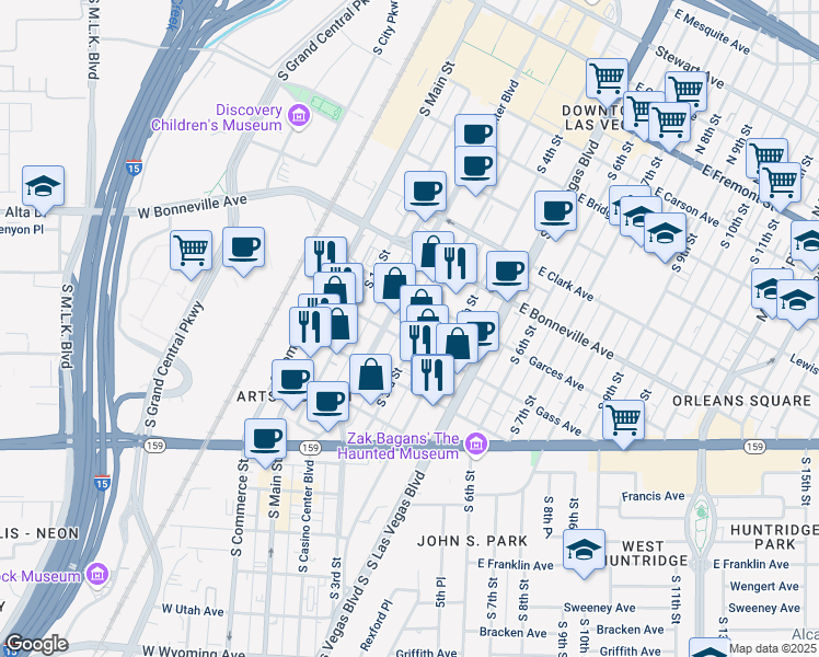 map of restaurants, bars, coffee shops, grocery stores, and more near 722 South 3rd Street in Las Vegas
