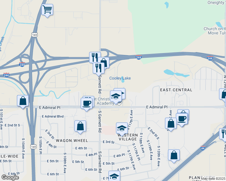 map of restaurants, bars, coffee shops, grocery stores, and more near 11103 East Archer Street in Tulsa