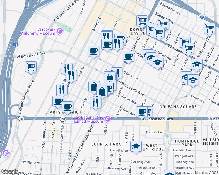 map of restaurants, bars, coffee shops, grocery stores, and more near 708 South Las Vegas Boulevard in Las Vegas