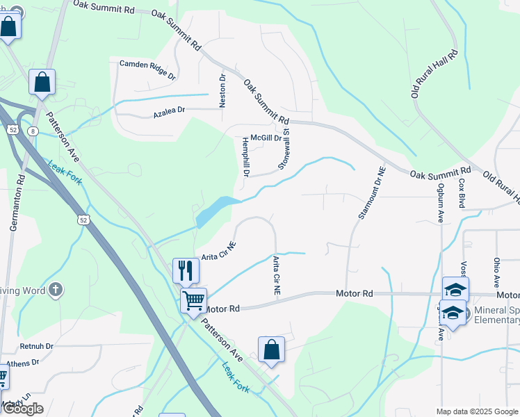 map of restaurants, bars, coffee shops, grocery stores, and more near 28 Arita Circle Northeast in Winston-Salem