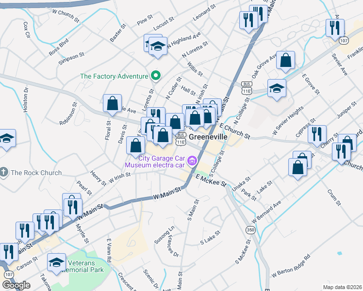map of restaurants, bars, coffee shops, grocery stores, and more near 121 West Summer Street in Greeneville