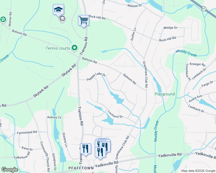 map of restaurants, bars, coffee shops, grocery stores, and more near 4530 Pebble Lake Drive in Pfafftown