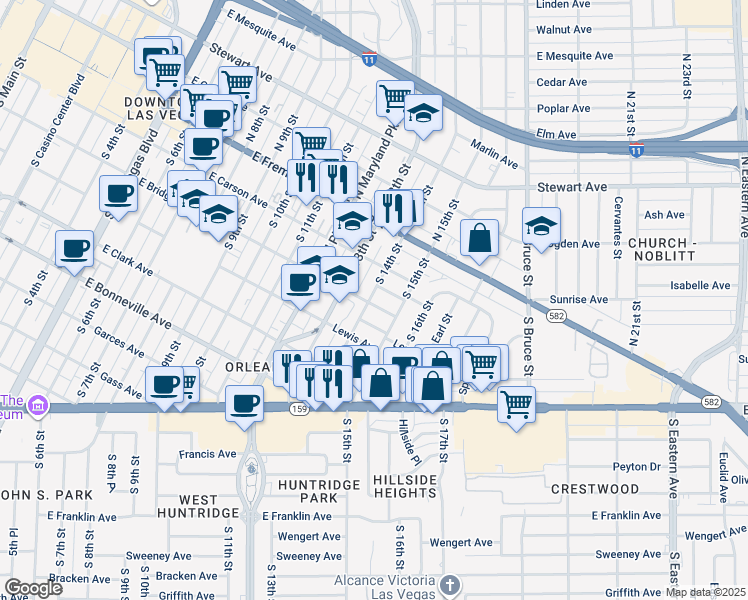 map of restaurants, bars, coffee shops, grocery stores, and more near 1401 East Bridger Avenue in Las Vegas