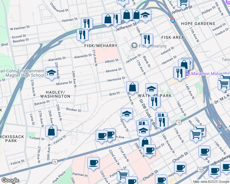map of restaurants, bars, coffee shops, grocery stores, and more near 1927 Britt Place in Nashville